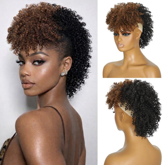 Kinky Curly Mohawk Wig - Natural Black & Caramel Brown Ponytail with Bangs | Short Synthetic Clip-In Extension 2/30