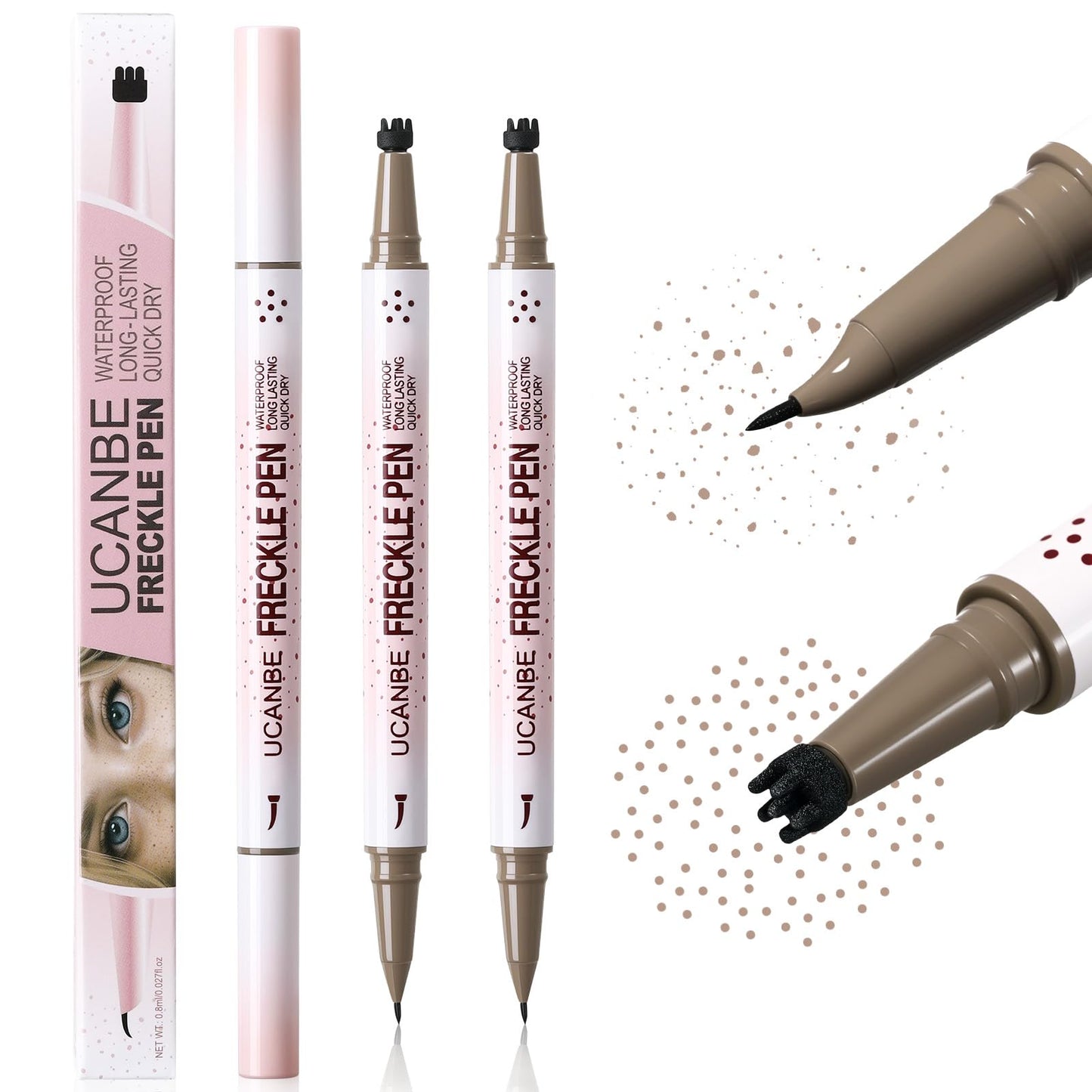 UCANBE 2PCS Dual-Ended Freckle Pen & Freckle Stamp - Precise 15° Curved Tip Makeup Waterproof & Smudge Proof, Long Lasting Faux Freckles Pencils (01 Light Brown)
