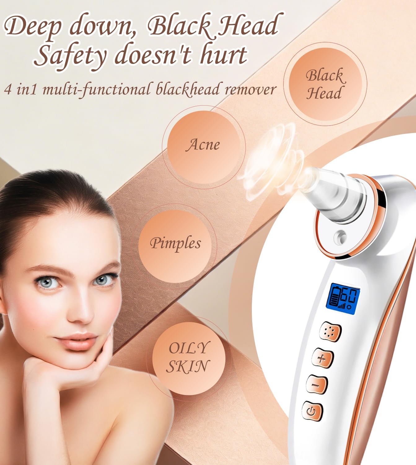 Blackhead Remover Vacuum - USB Rechargeable Pore Cleaner Tool with 5 Attachments & 3 Suction Levels | Gold Finish