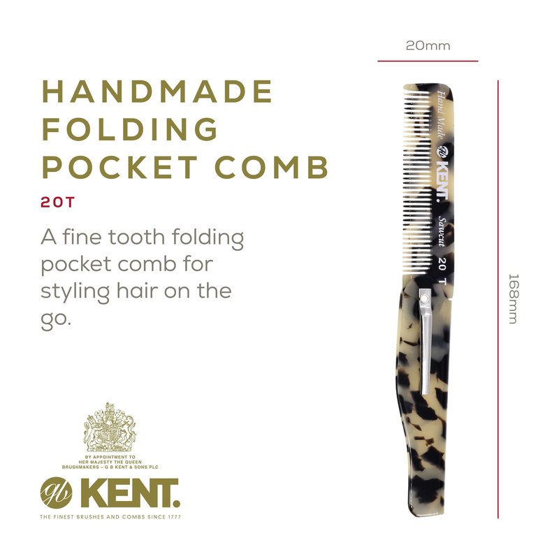Kent 20T TW Handmade Folding Pocket Comb for Men, Fine Tooth Hair Comb Straightener for Everyday Grooming Styling Hair, Beard or Mustache, Use Dry or with Balms, Saw Cut Hand Polished, Made in England