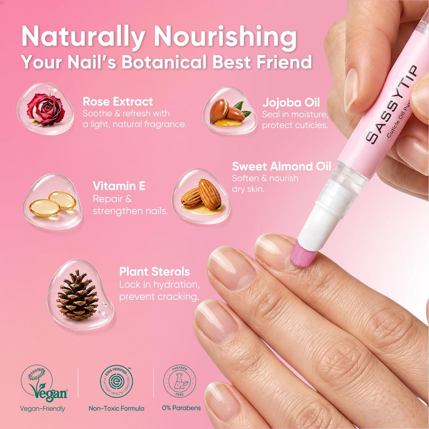 SASSYTIP Cuticle Oil Pusher Pen 2-in-1 Clean & Moisturize | Removes Dead Skin & Dirt from Nail Edges | Nourishing Jojoba & Almond Oils | At-Home or On-the-Go Manicure for Women & Men | Rose | 2ml