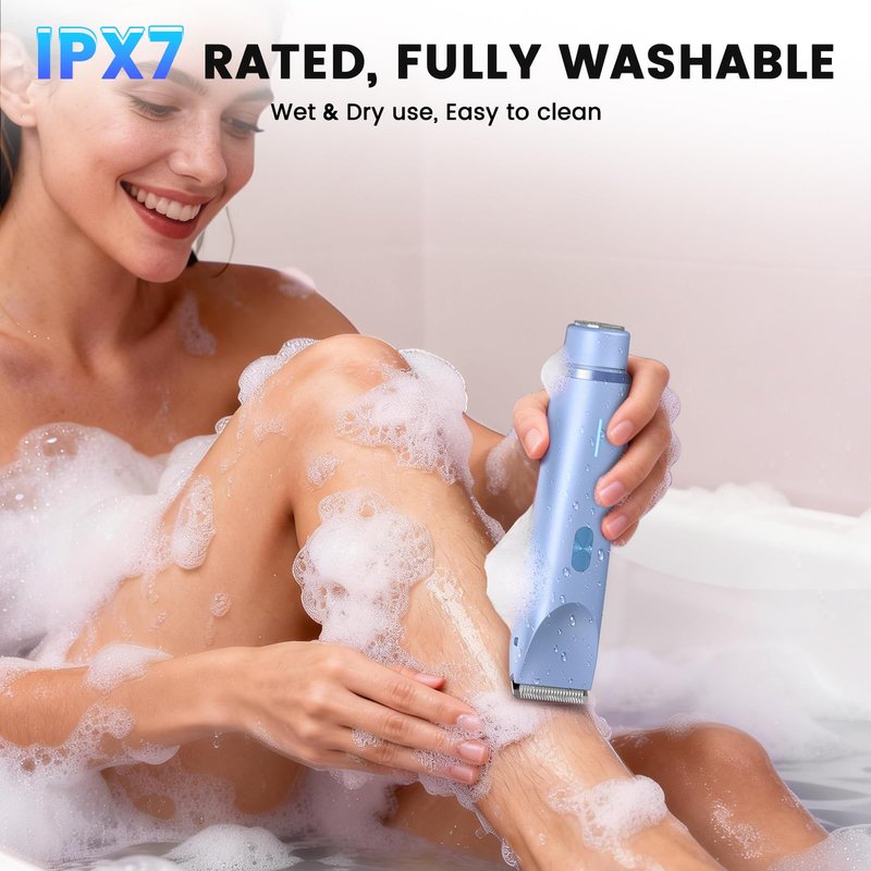 Bikini Trimmer for Women, 2-in-1 Electric Razor with Dual Head, IPX7 Waterproof Body Hair Trimmer for Pubic Hair, Legs, Underarms and Sensitive Areas, Cordless Rechargeable (Blue)