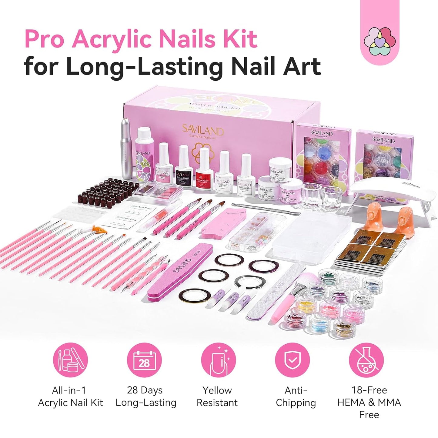 Acrylic Nail Kit with UV Light - HEMA & MMA Free Acrylic Set | Clear, White & Pink Powder, Gel Polish & Manicure Tools