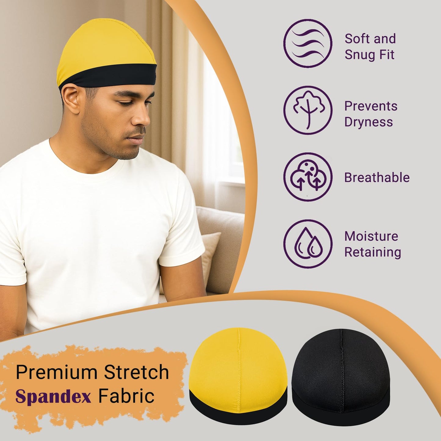 DURALA Adjustable Wave Caps for Men, Premium Elastic Stocking Cap for 360 540 720 Wave (Black+Gold)