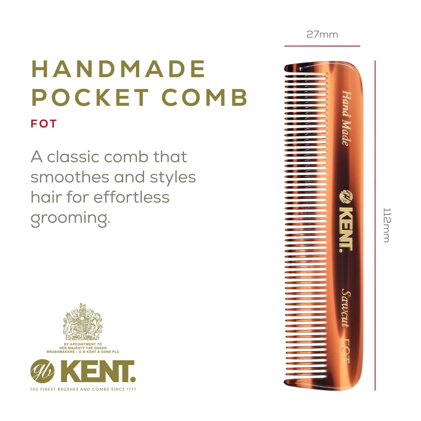 Kent A FOT Tortoise Fine Tooth Handmade Pocket Comb for Men, Women and Kids, Hair Comb Straightener for Everyday Grooming and Styling, Beard and Mustache, Saw Cut and Hand Polished, Made in England