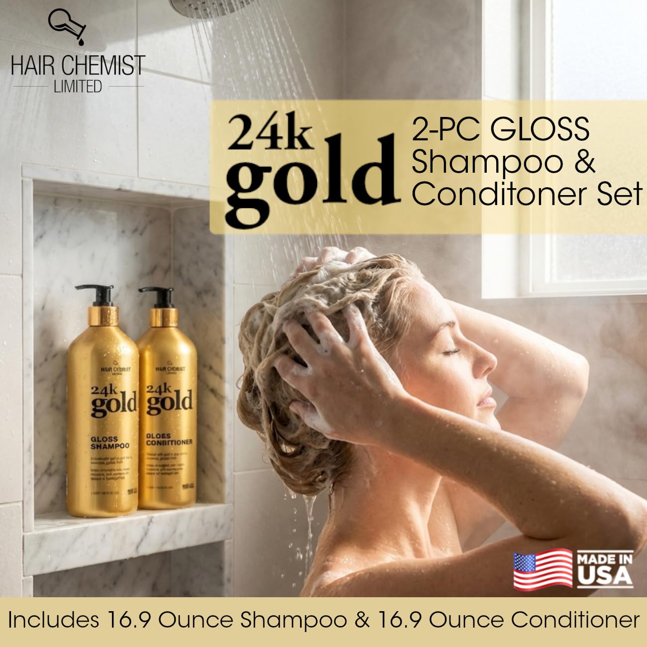 Hair Chemist 24K Gold Gloss Shampoo & Conditioner 16.9 oz. 2-PC Set – Strengthening & Shine Enhancing Hair Care System – Hydrating, Smoothing & Repairing Formula for Dry, Damaged & Color-Treated Hair
