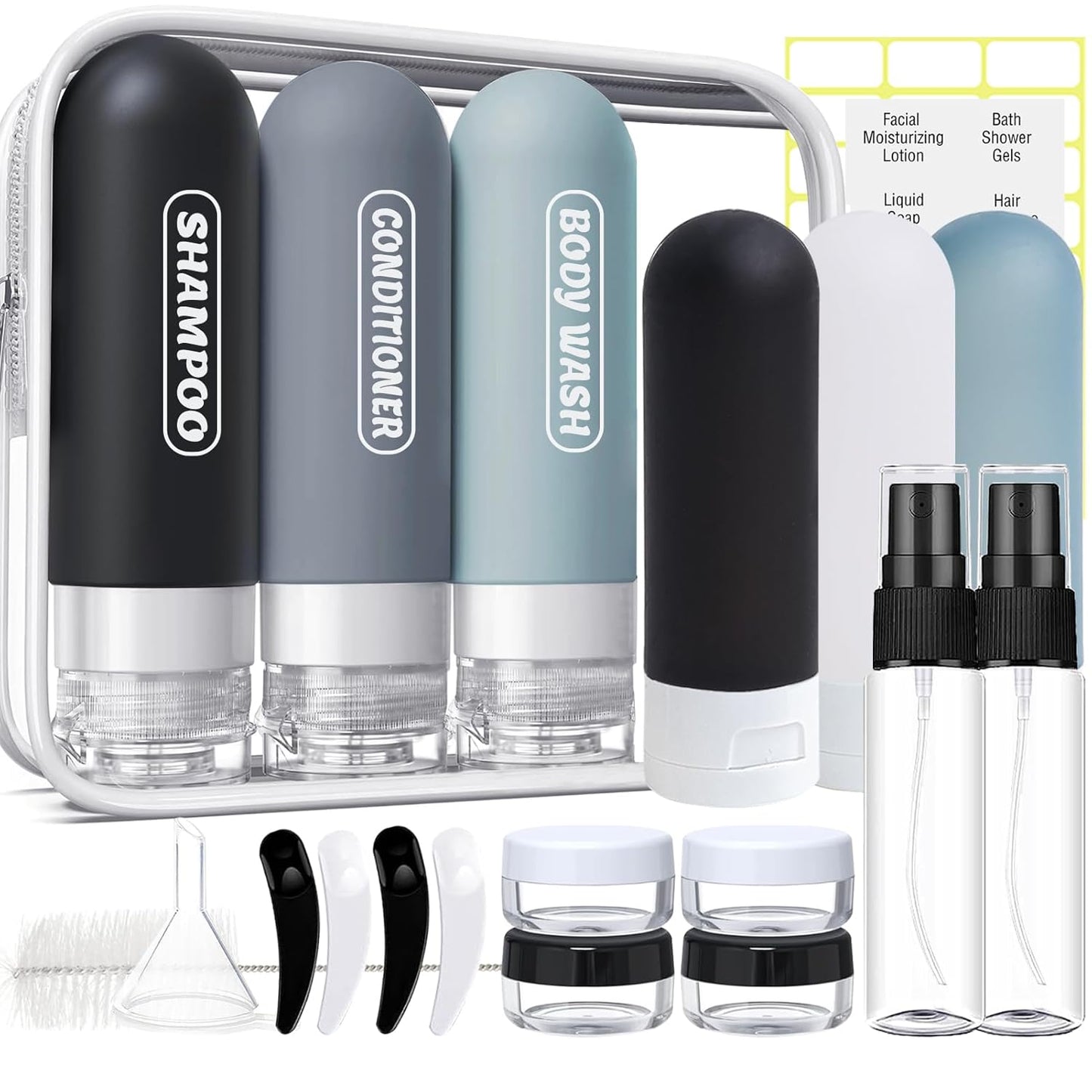 Silicone Travel Bottles - TSA Approved 3oz Leak Proof Containers | Squeezable Toiletry Set, 4 Pack with Clear Bag
