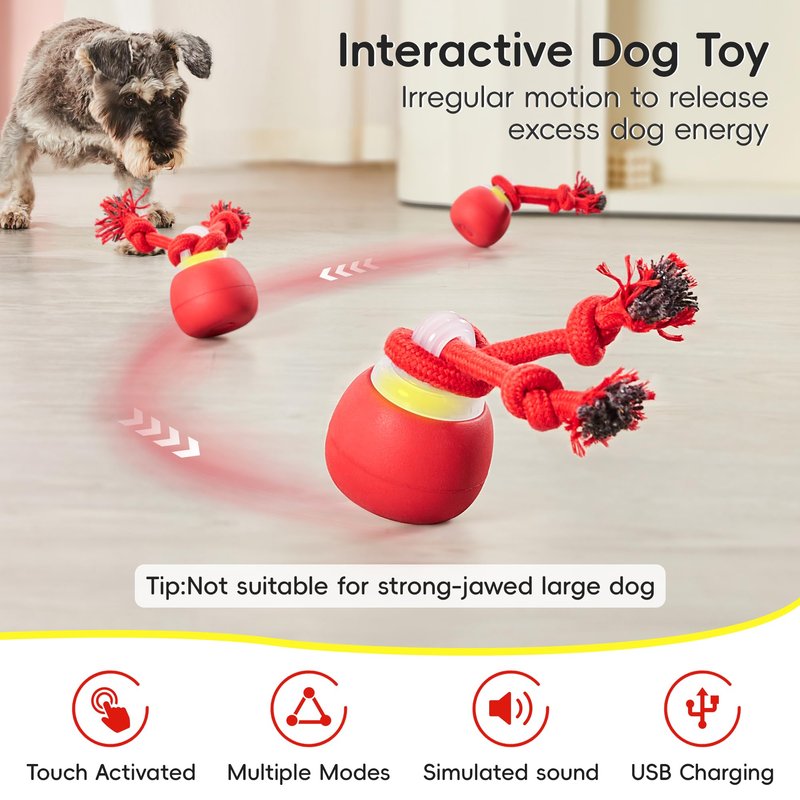 Potaroma Interactive Dog Ball Toys Touch Activated, Rechargeable, Squeaky Dog Toy, Moving Ball for Pup with Rope for Medium Small Dogs Puppy Dark Red