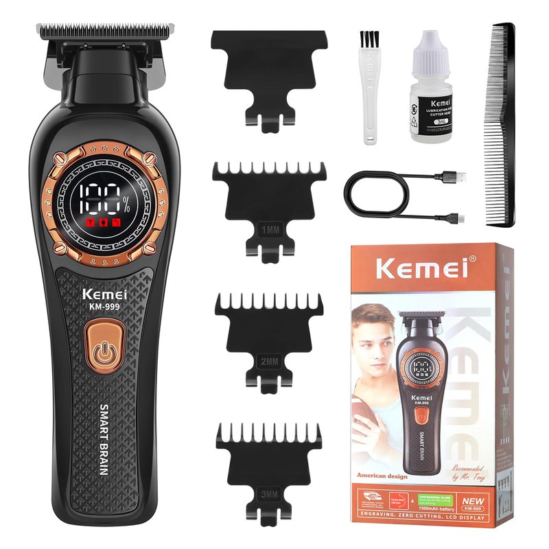 KEMEI 999 Professional Hair Clipper for Men, Cordless Electric Beard Trimmer Men, Zero Gapped T-Blade Hair Trimmer with LCD Display and 3 Guide Combs