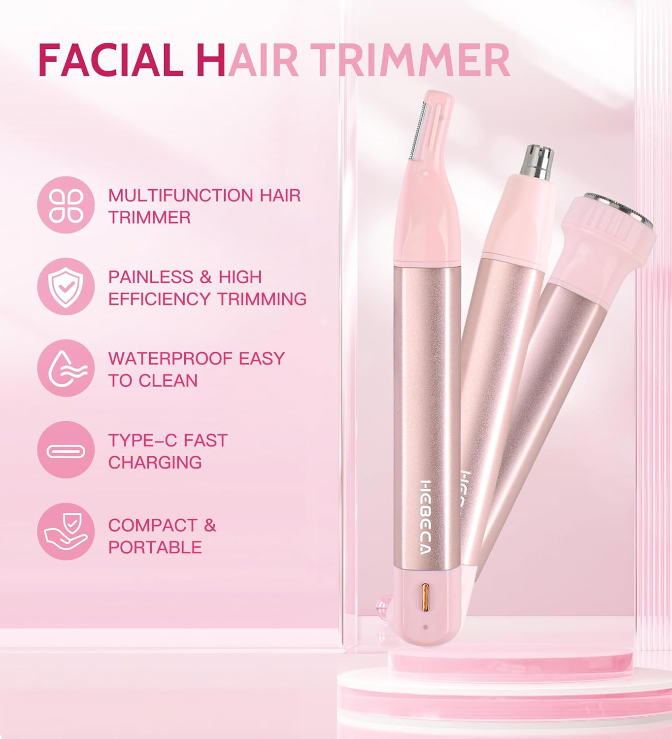 Nose Hair Trimmer for Women - 3-in-1 Facial Hair Removal | Rechargeable, Waterproof, Portable - Pink