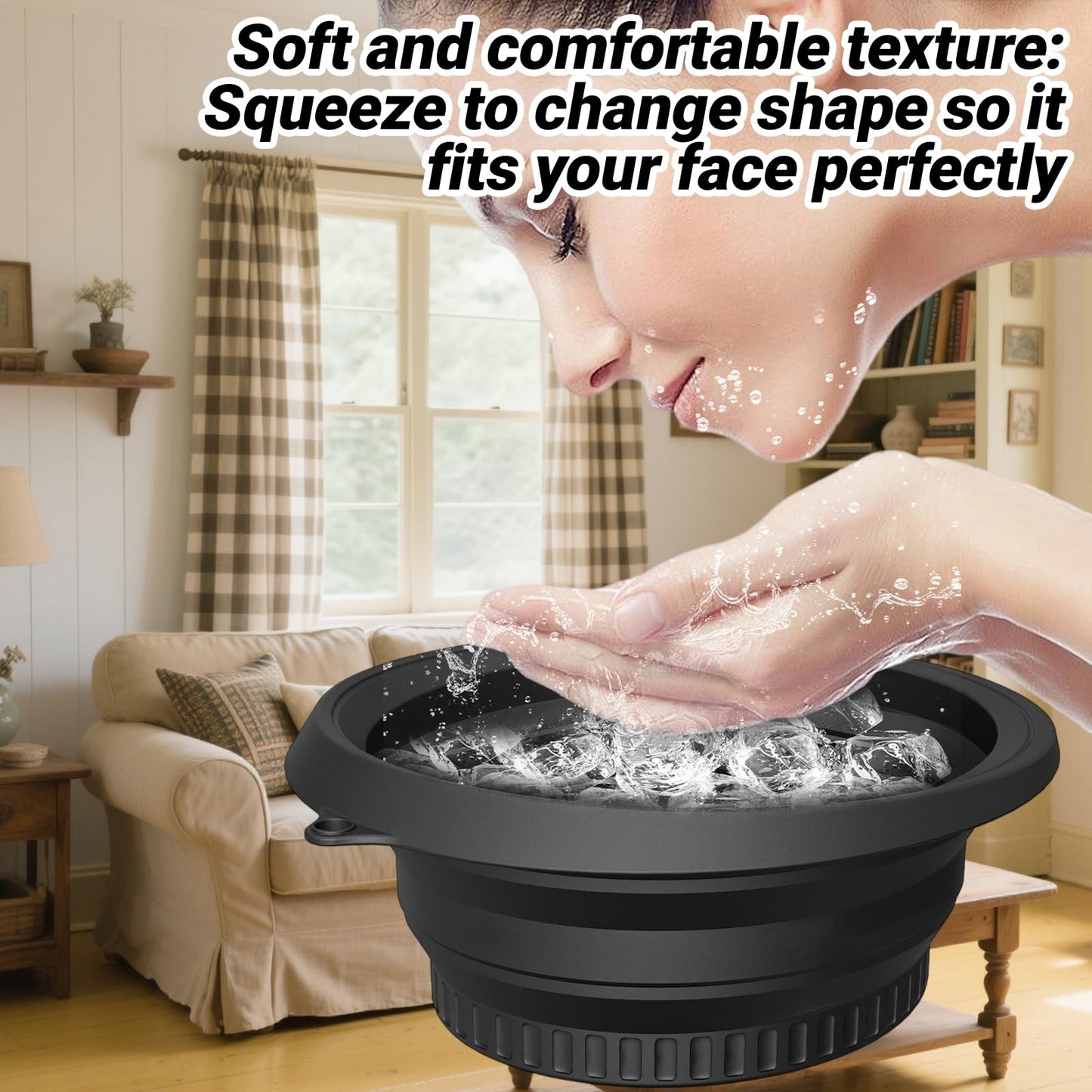 Face Bowl for Ice with Built-in Icetray,Portable Foldable Silicone Face Ice Bath Bowl,Ice Bath Facial Plunge Bowl for Skin Tightening & Acne Relief,Black