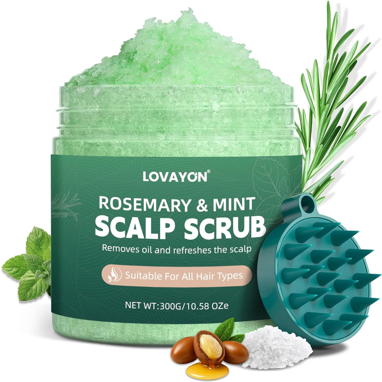 Rosemary Scalp Scrub & Exfoliator | Sea Salt & BHA Treatment with Silicone Massager Brush - 10.58oz for Fuller Hair