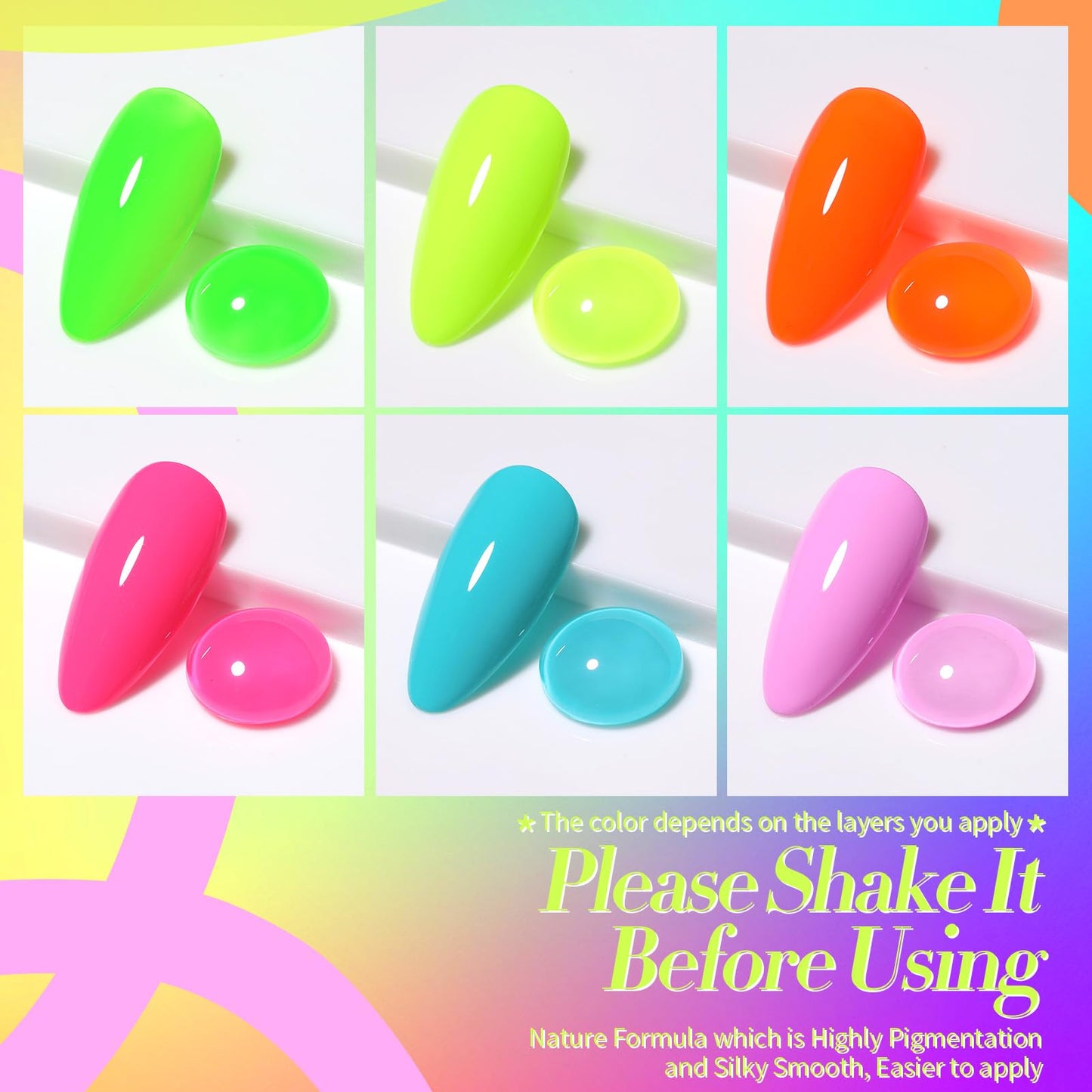 Born Pretty Gel Nail Polish Spring Summer Neon Fluorescent Orange Hot Pink Blue Yellow Green Purple Soak Off U V LED Gel Nail Polish Set Nails Art 7ml 6pcs