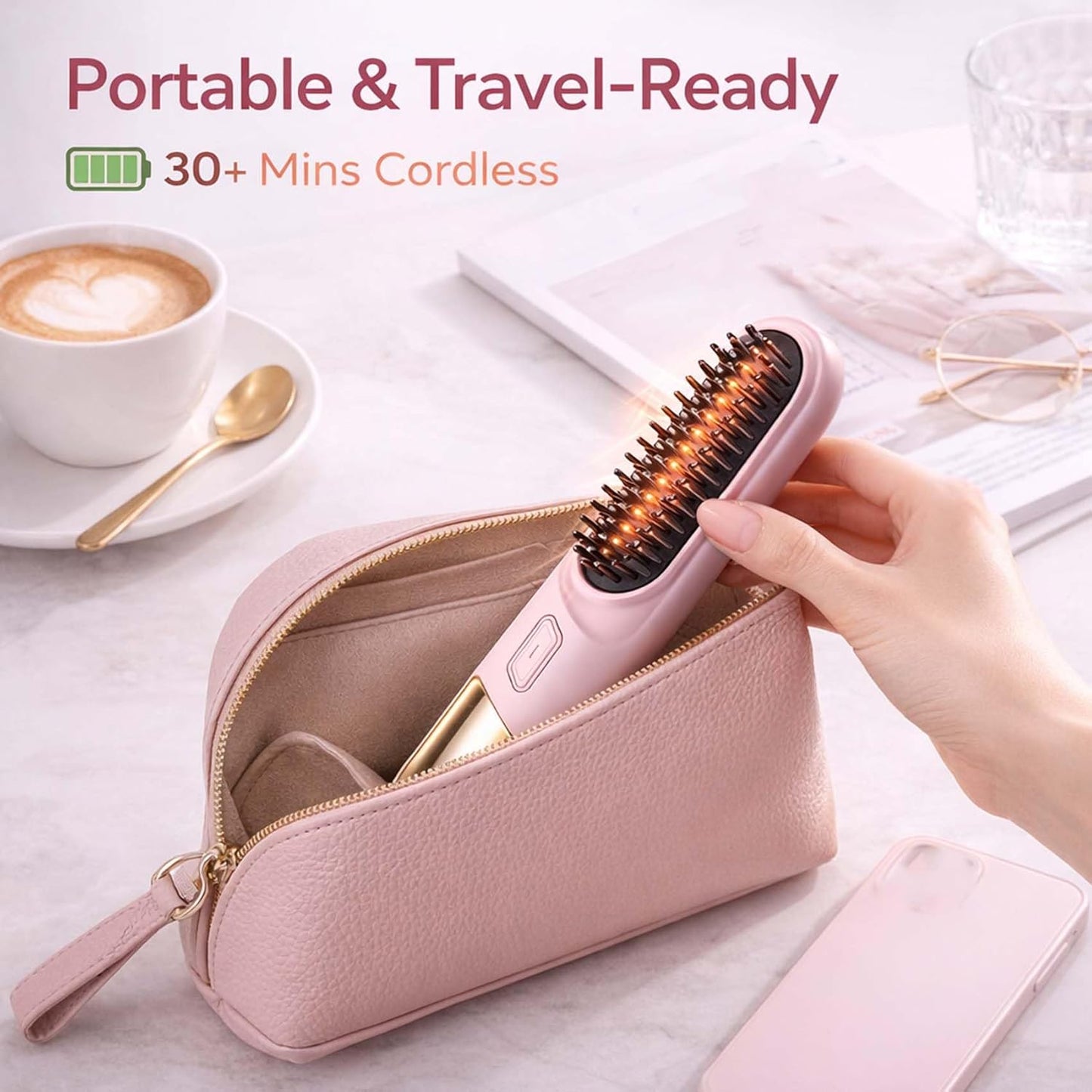 Smart Comb for Short Hair - Cordless Styling Brush with 30s Fast Heat & 4 Temperature Settings | USB Rechargeable (Pink)