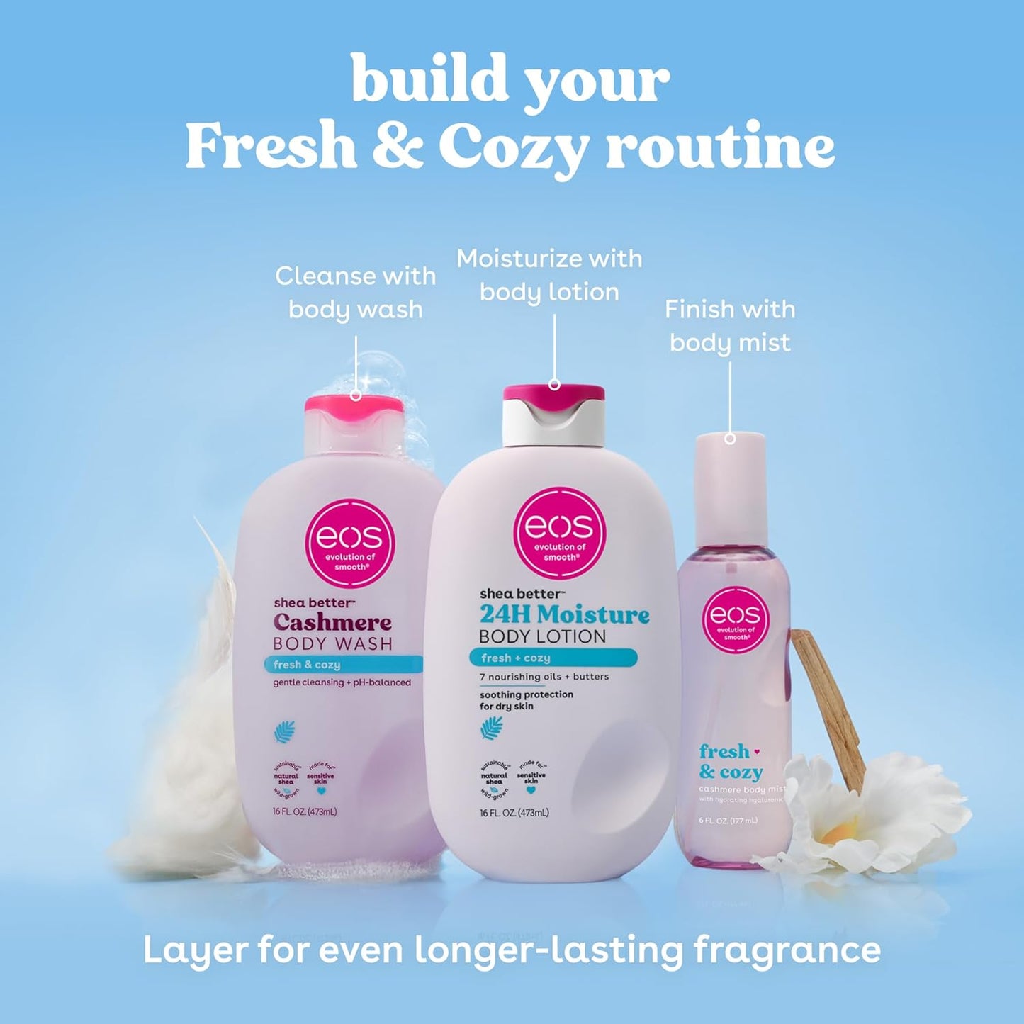 EOS Cashmere Body Mist - Fresh & Cozy Body Spray for Women | Moisturizing Hair Mist with Hyaluronic Acid & Glycerin, 6 fl oz