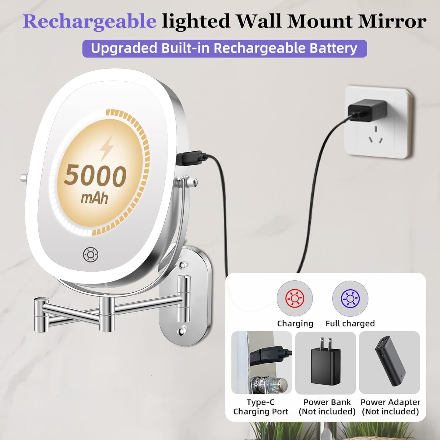 FUNTACH 30X/1X Wall Mounted Lighted Makeup Mirror - Rechargeable Double-Sided Magnifying Design | 3 Color Modes, 360° Rotation