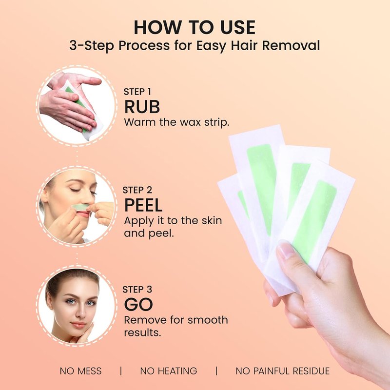 Facial Wax Strips for Hair Removal - Gentle, Hypoallergenic | 50 Strips + 5 Wipes for All Skin Types