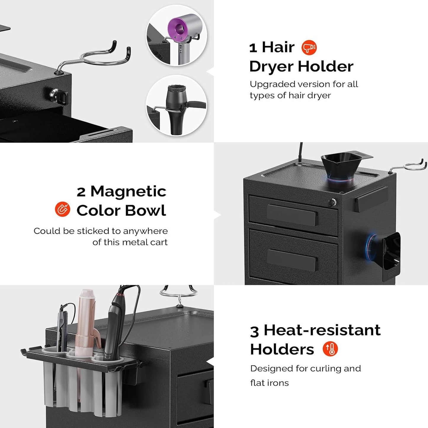 Salon Trolley Cart - Hair Stylist Station with Lockable Drawer, 2 Magnetic Color Bowls & Storage Baskets | Black Metal Design