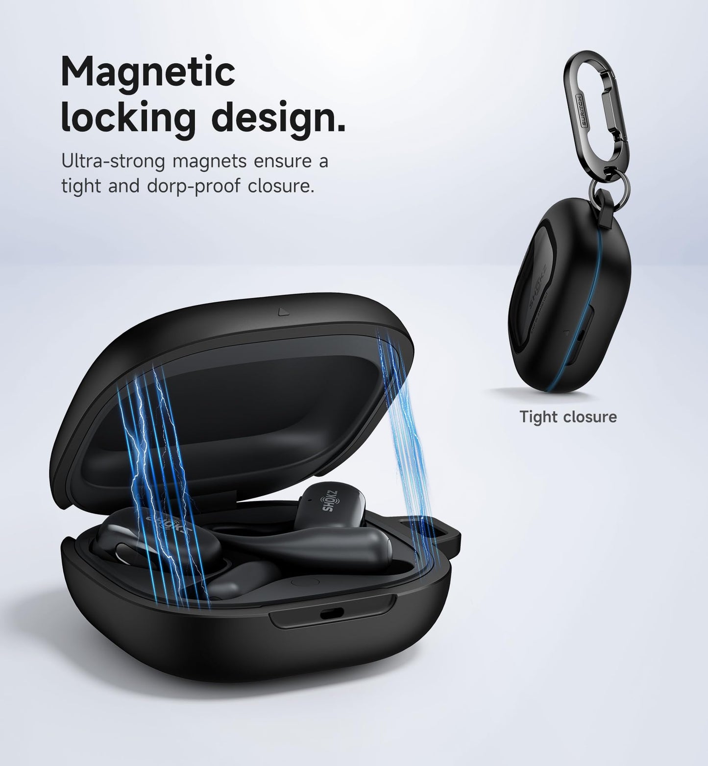 SURITCH for SHOKZ New OpenFit 2 Case Cover, Magnetic Locking Cases for SHOKZ OpenFit 2 Open-Ear Headphones, Shockproof Bumper Protective Covers with Carabiner & Keyring & Cleaner Kit, Black