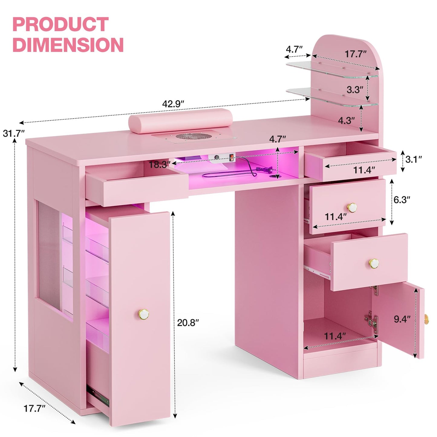 TTGIEET Manicure Table for Nail Tech w/LED Light Display Cabinet，Professional Nail Tech Desk with Storage Cabinet & Drawer, Dust Collector, Wrist Rest, Acetone-Resistant, for Beauty Salon, Spa & Home