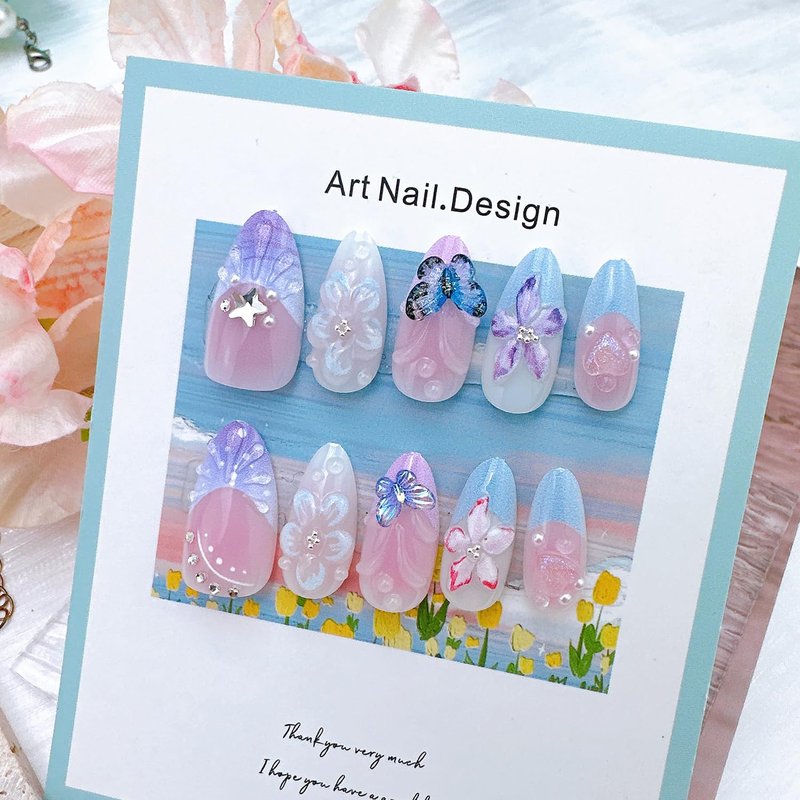 **Spring Butterfly Press-On Nails - Medium Almond Purple French Tip with Rhinestones & Flowers | 30-Piece Set**