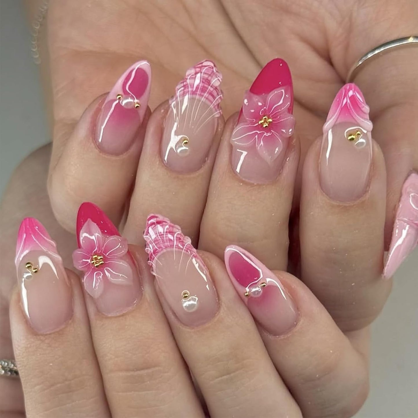 Flower Press On Nails - 24Pcs Short Almond Acrylic Set with 3D Pearl Floral & Gold Chrome Design | Glossy Pink Full Cover