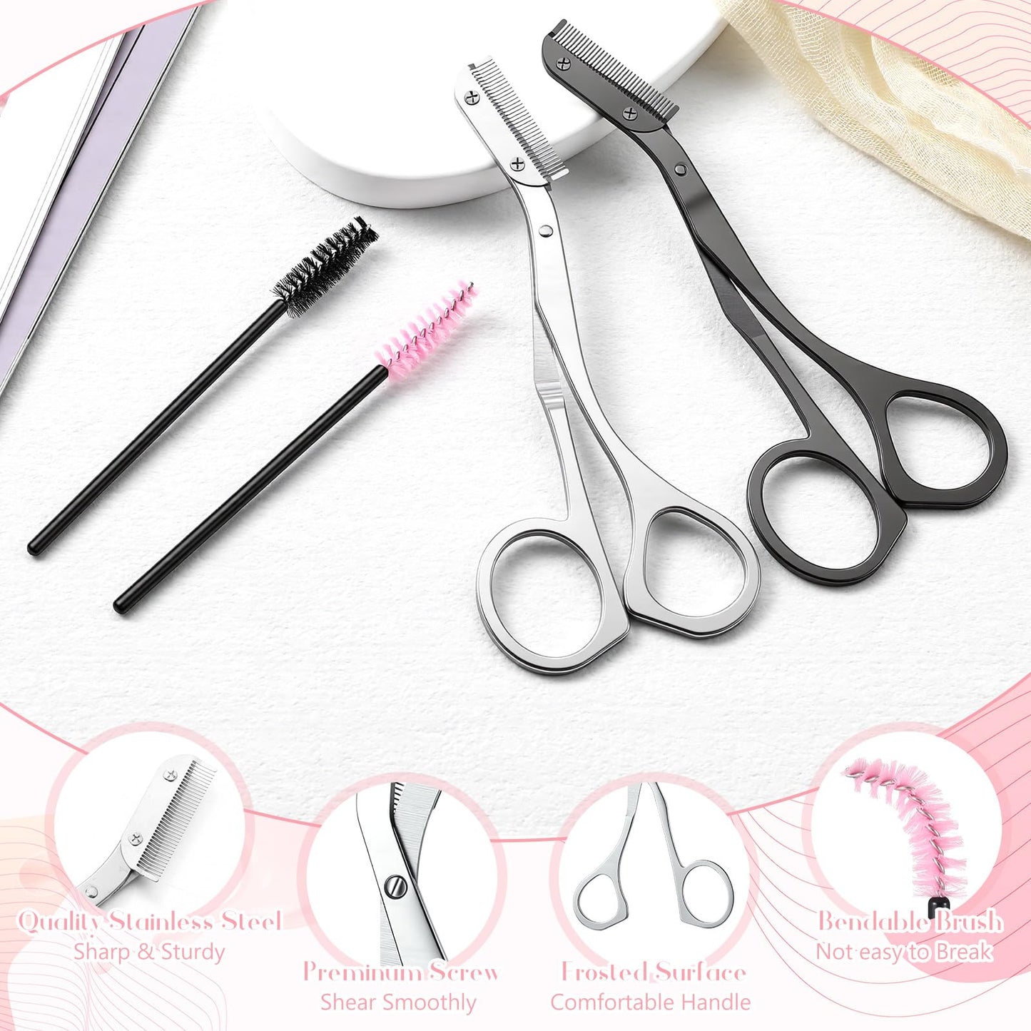 PullCrease 2 Pack Eyebrow Trimming Scissors with Combs, Stainless Steel Eyebrow Trimmers for Women Men Gifts, Brow Trimming Tool Beard Trimmer (Gray,Black)