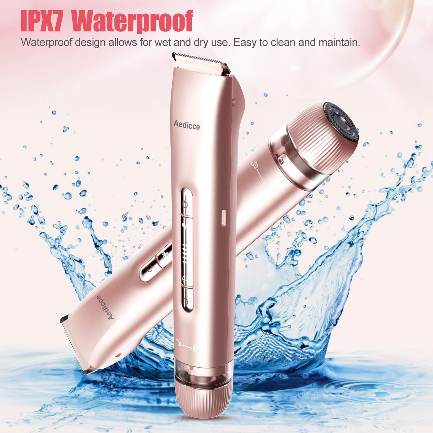 Bikini Trimmer for Women 2 in 1, Dual Head Womens Electric Shaver, Electric Razors for Pubic Hair, IPX7 Waterproof Rechargeable Facial Hair Removal for Shaving Underarm Leg Arm Body Face, Rose Gold