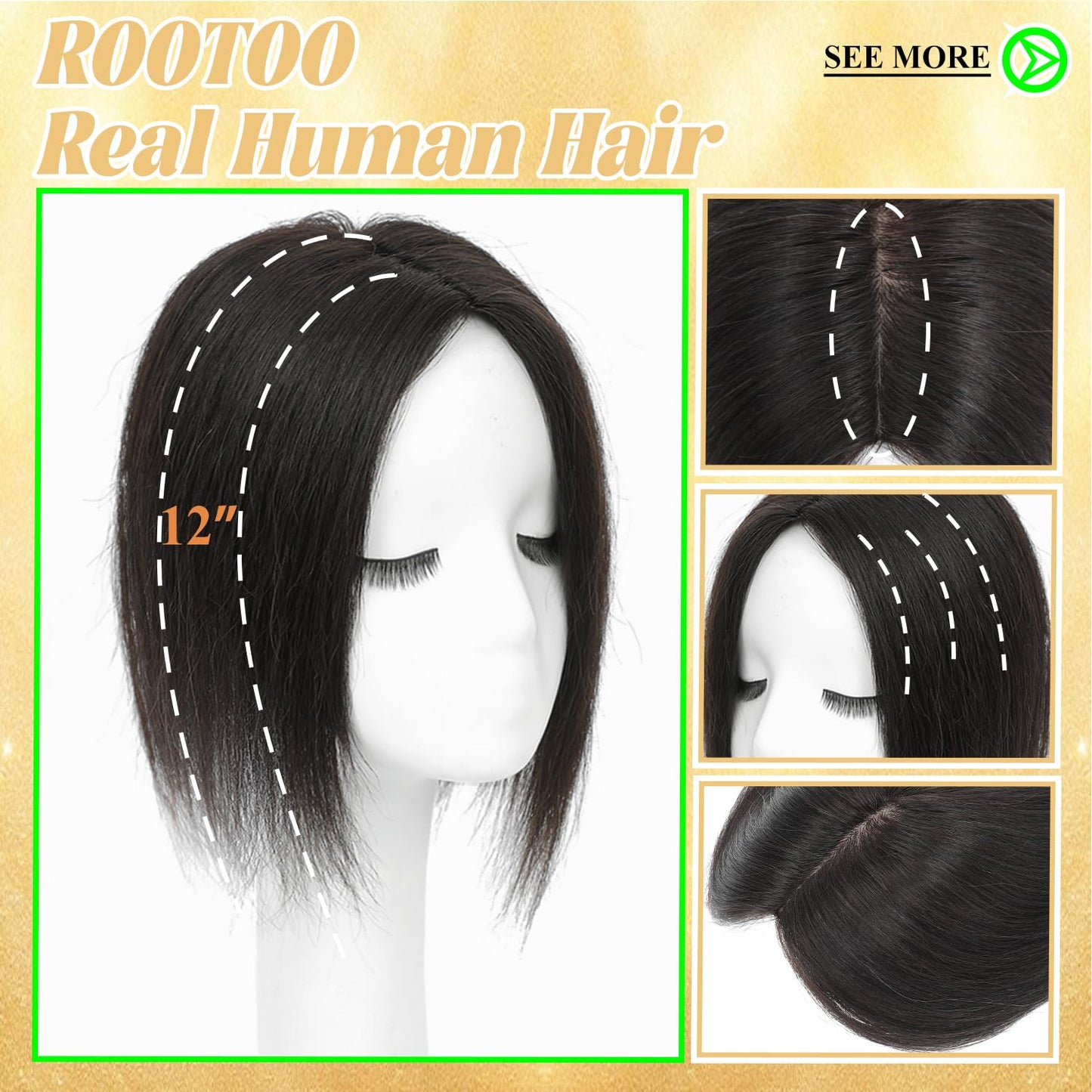 Hair Toppers for Women - Real Human Hair 14 Inch Clip-In Biological Scalp Topper | 360° Coverage (Black)