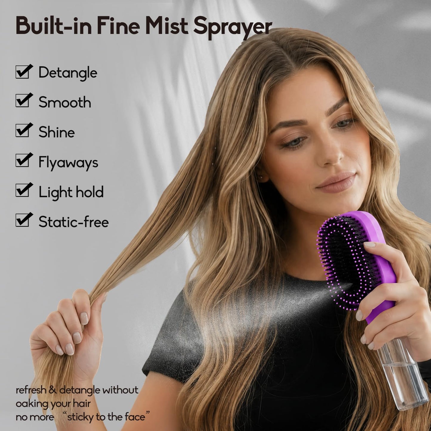 Misting Detangling Hair Brush for Curly & Wavy Hair, Fine Continuous Spray Hair Brush for Frizz Control, Curl Refresh & Flyaway Smoothing, Wet or Dry Hair Styling Brush, Purple