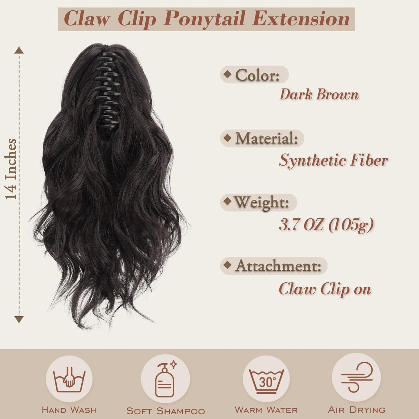 Claw Clip Ponytail Extensions - 14-Inch Short Wavy Dark Brown Hairpiece for Women | Synthetic Ponytail