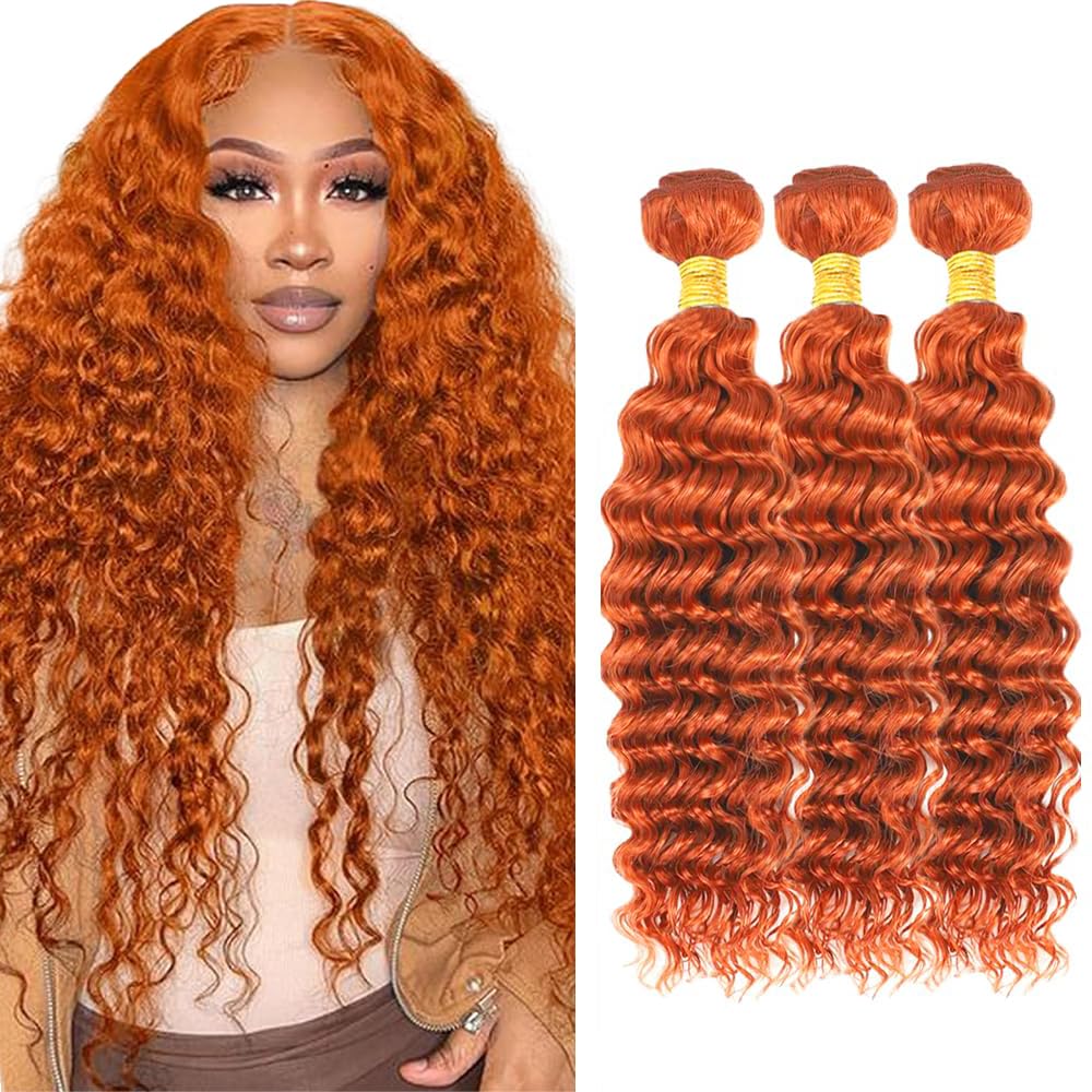 30 32 34 inch AuokMar Color 350 Human Hair Bundles Ginger Deep Wave Bundle Mixed Length 3 Bundles 350 Orange Hair Extensions 150g