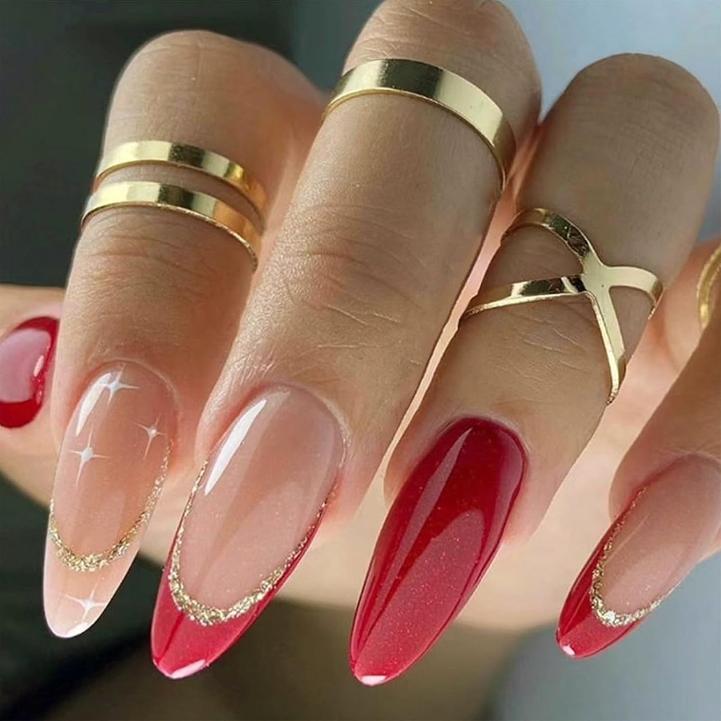 Press On Nails - Orange Almond Shape with Gold Glitter Swirl | 24 Pcs Acrylic Fake Nails for Women