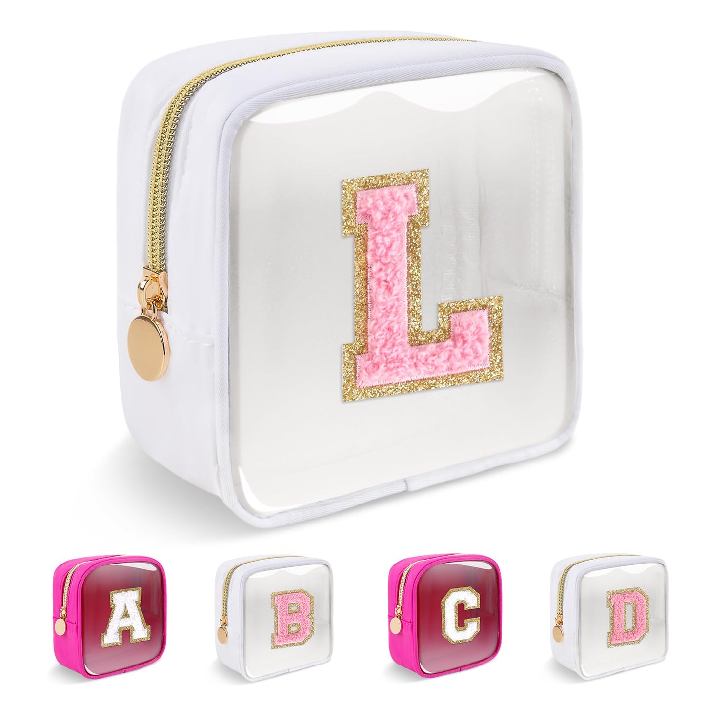 Personalized Initial Letter Clear Preppy Makeup Bag,Mini Nylon Chenille Letter Cosmetic Bag Cute Zipper Pouch Purse for Teen Girls,Portable TSA Approved Beach Travel Essentials Bag Gift for Women,L