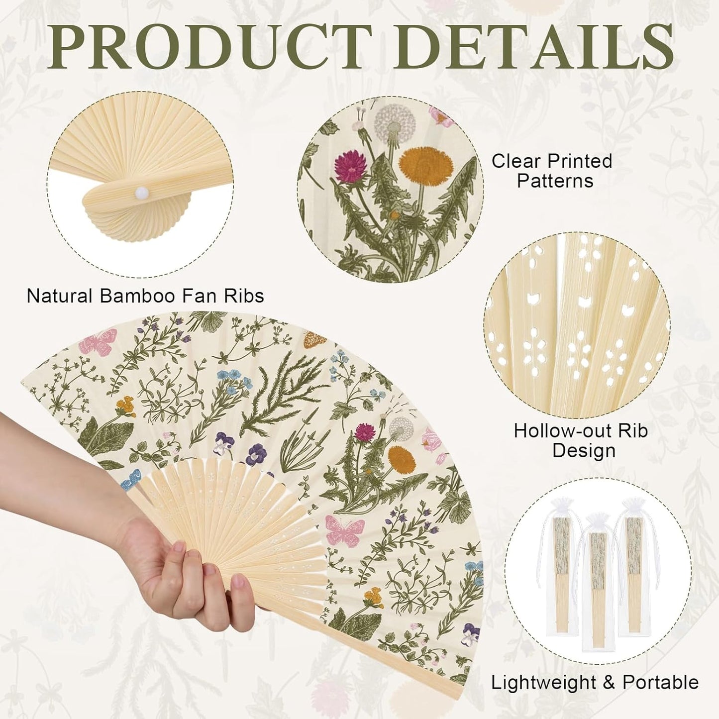 Wildflower Folding Hand Fan Set - 25 Vintage Paper Fans with Organza Bags | Perfect for Weddings & Tea Parties