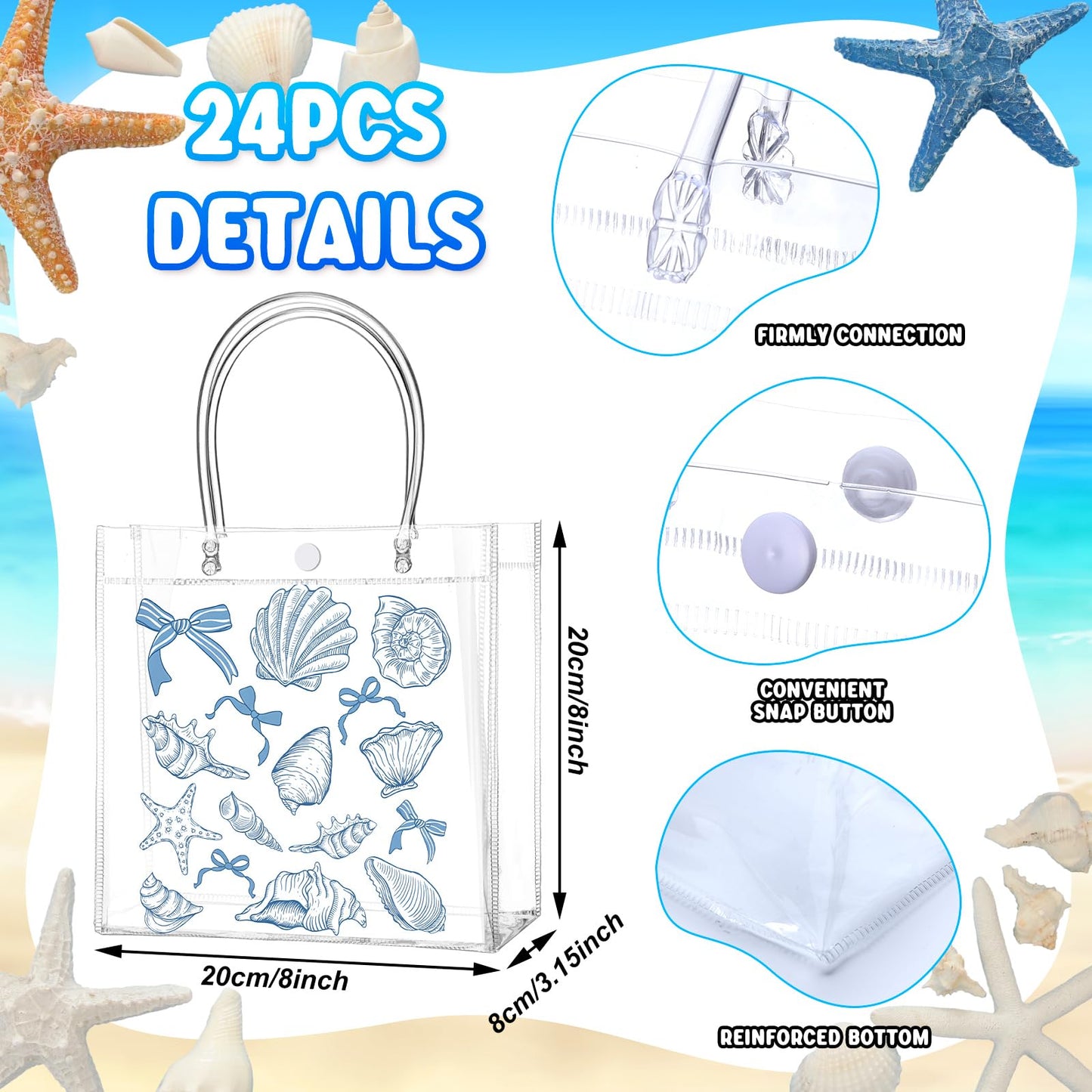 Teenyyou 24 Pcs Ocean Seashell Beach Gift Bags with Handles Starfish Shell PVC Gift Bags Candy Treat Tote Party Favor for Birthday Party Supplies