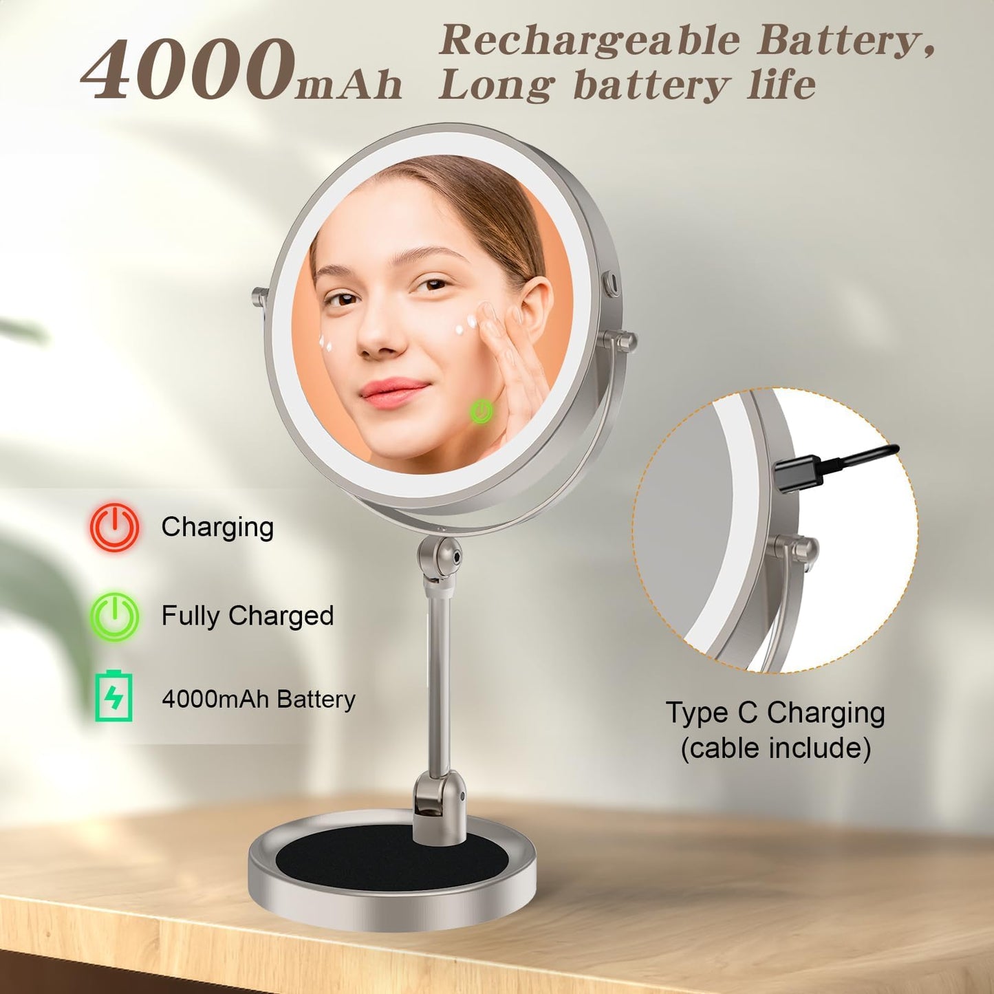 Rocollos Tabletop Makeup Mirror with Built-in Vanity Tray, 9" Rechargeable 4000mAh Lighted Vanity Mirror 1X/10X Magnification, Height-Adjustable Arm, 3 Color Dimmable (9Inch Nickel)