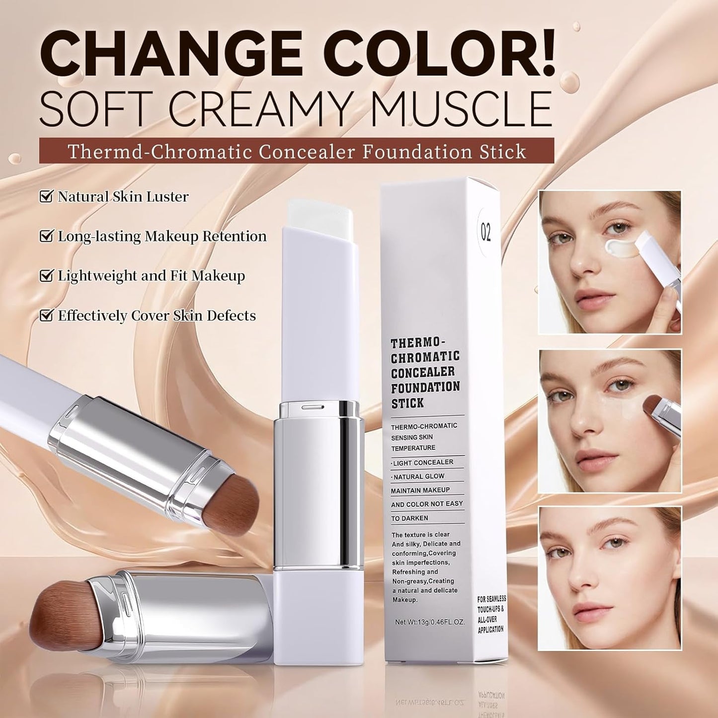 Color Changing Foundation Stick - 2-in-1 White & Natural | Includes Brush, Ideal for Mature Skin
