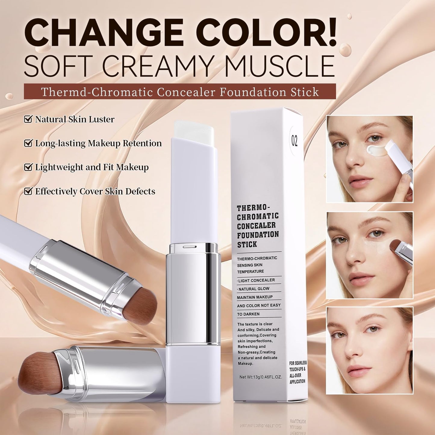2-in-1 White Color Changing Foundation Stick, 202 Natural