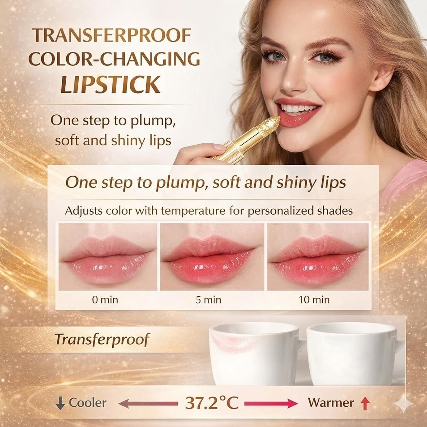Color Changing Lipstick - Gold Crystal pH Moisturizing Lip Gloss | 24HR Transferproof Tinted Balm for Gifts