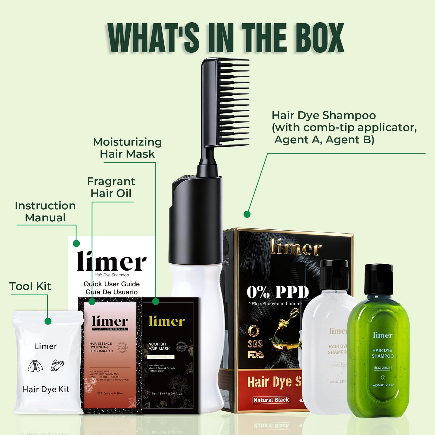 Hair Dye Shampoo PPD-Free for Sensitive Scalp, Comb-In Root Touch-Up Light Brown 6 in 1 Herbal Gentle Formula Gray Coverage for Men Women, Ammonia-Free, Semi-Permanent (6.76fl oz/200ml)