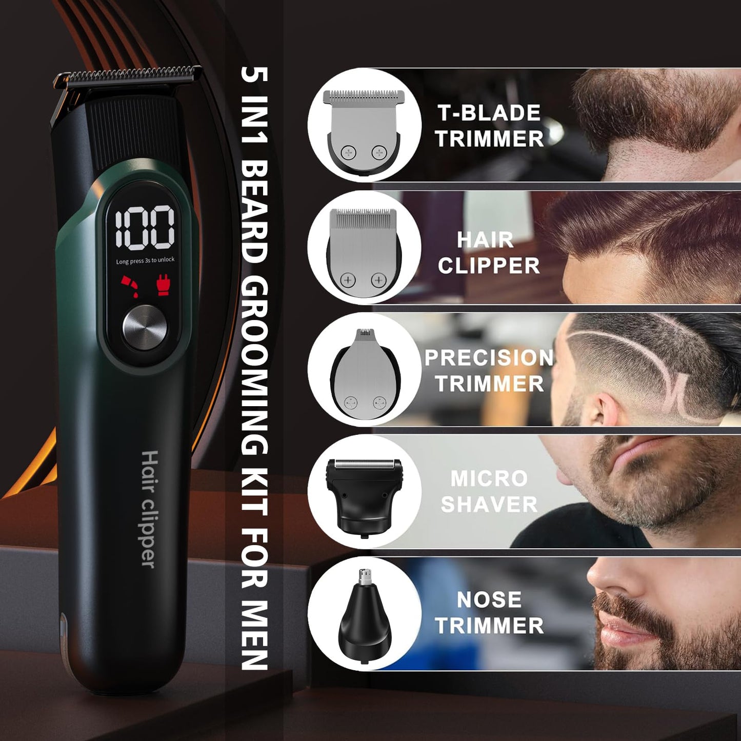 RUIBO Beard Trimmer for Men, 5-in-1 Cordless Hair Clipper Kit with Foil Razor, Waterproof Body, Nose & Ear Groomer, Precision Trimming for Beard, Hair & Body Care (Green)