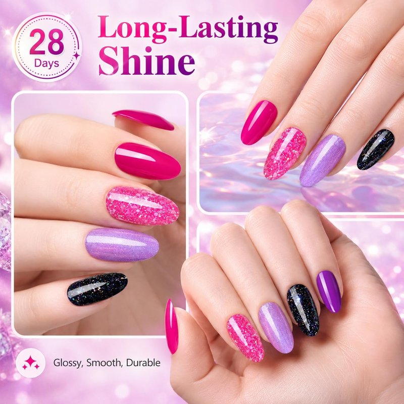 Hot Pink Gel Nail Polish Set - 6 Colors Glitter & Shimmer | Soak Off UV Gel for DIY Manicure