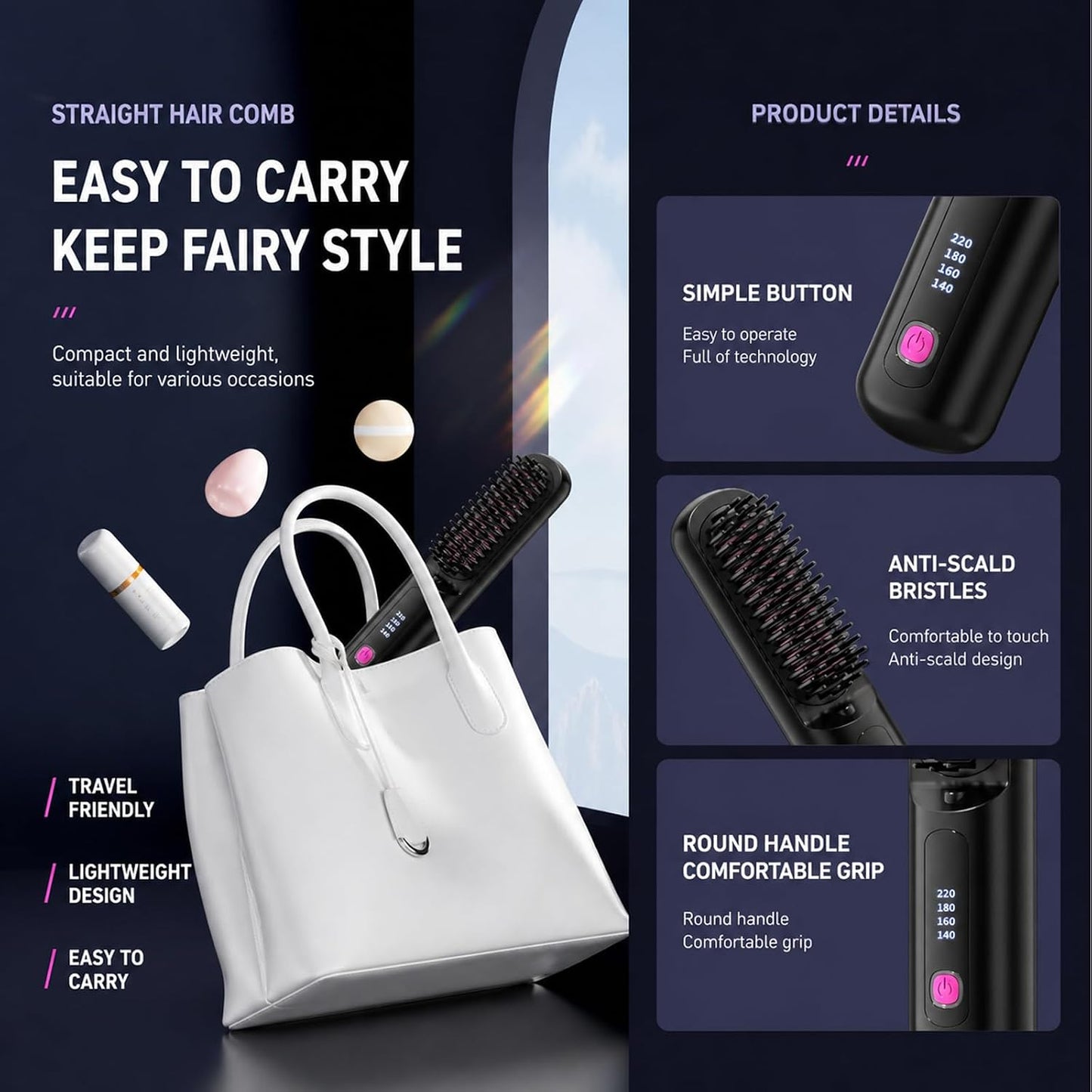 Cordless Hair Straightener Brush - 80 Million Anti-Frizz Ions, 4 Temp Settings | Portable Travel Styling Tool
