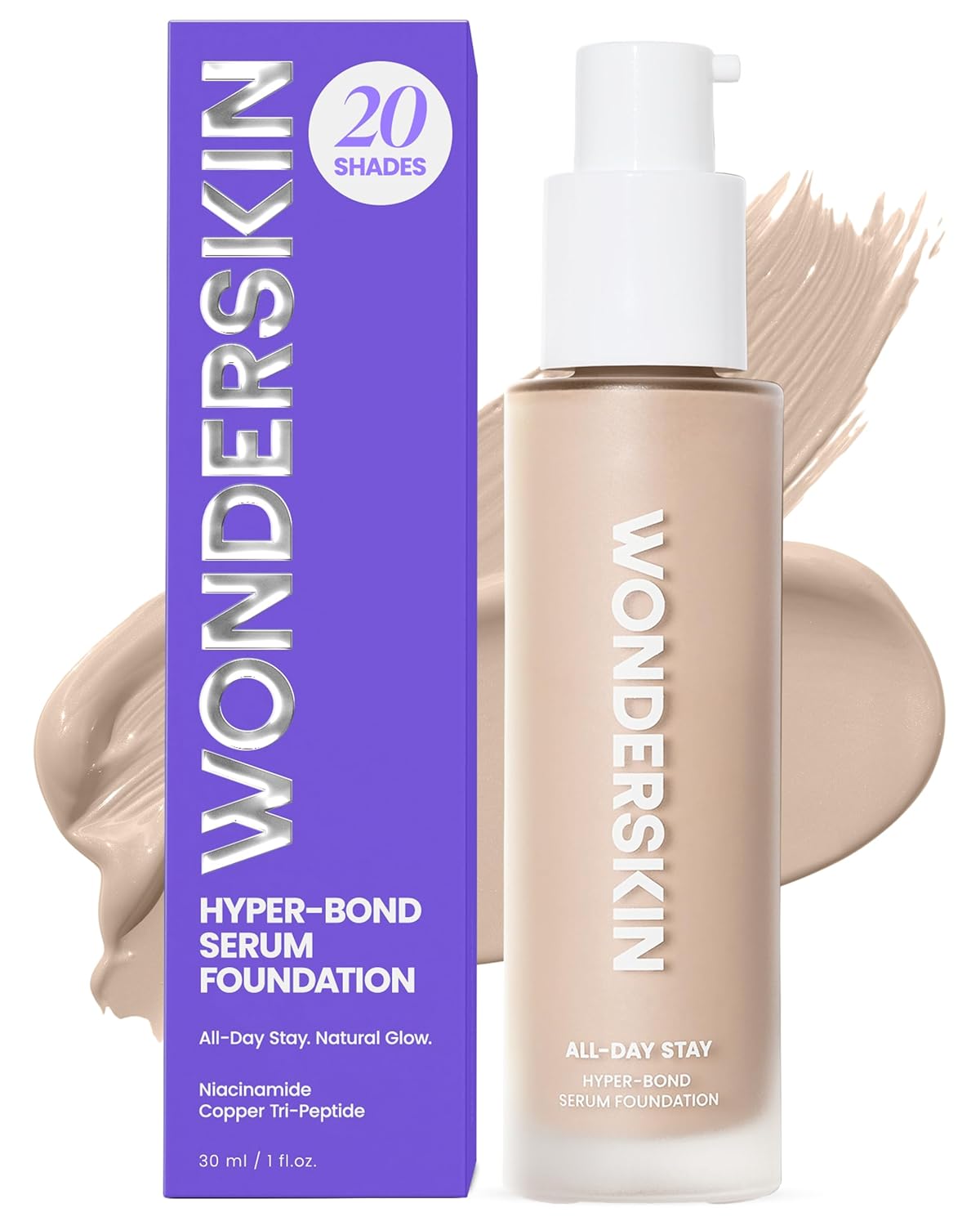Wonderskin Hyper Bond All-Day Stay Serum Foundation - Waterproof, 24HR Longwear Makeup with Niacinamide & Hyaluronic Acid | Lightweight Natural Finish (Moonstone)