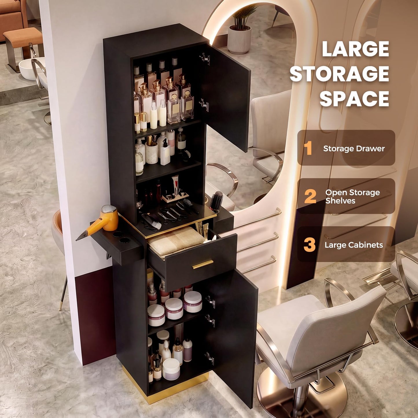 Oakvera Tall Hair Salon Station for Hair Stylist with Storage (Black)