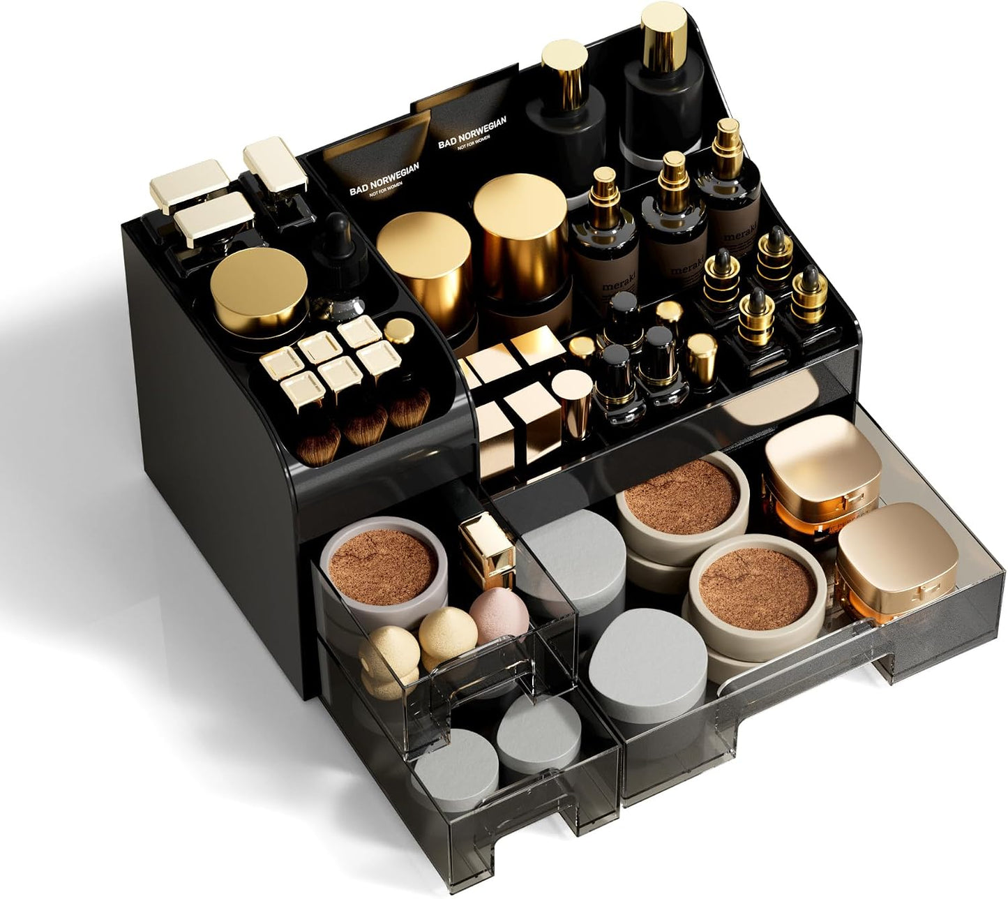 Large Makeup Organizer - Vanity Countertop Storage with Drawers & Brush Holder | Black