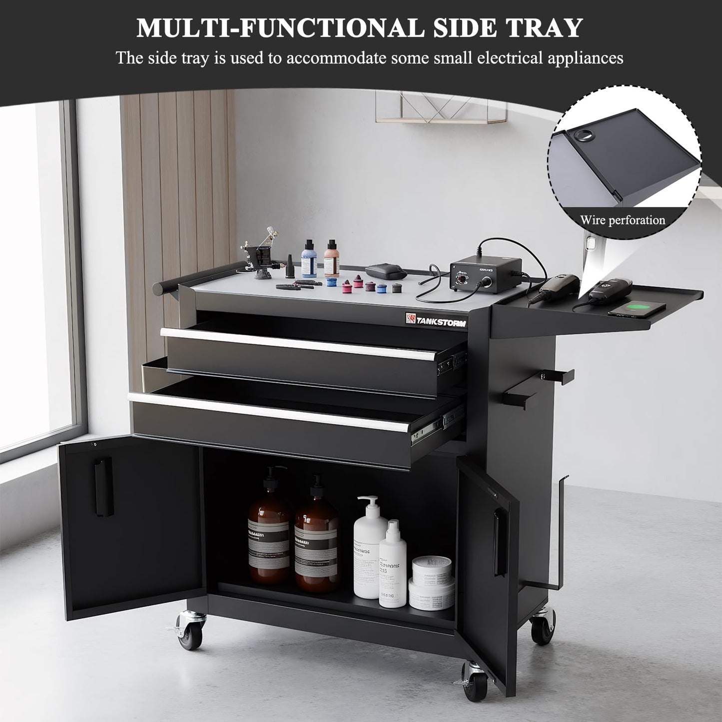 Professional Mobile Rolling Hair Stylist & Tattoo Station Black Steel