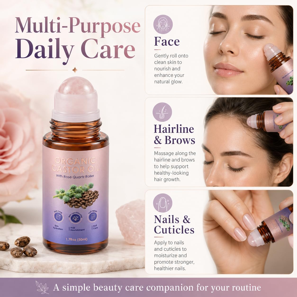 Organic Castor Oil Rose Quartz Roller - Cold Pressed for Brows, Lashes & Face | 1.7 Fl Oz, Non-Greasy Design