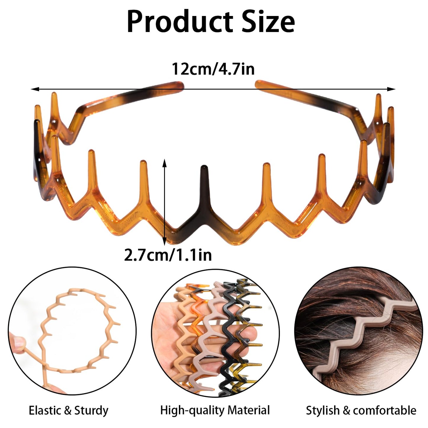 Zig Zag Headbands - 5 Pack Plastic Wavy Hair Bands with Comb Teeth | Unisex Hair Styling Accessories